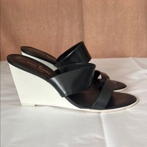 Kate Spade Abilene Two Strap Mule Wedges Heel Sandal Leather Black White Size 8